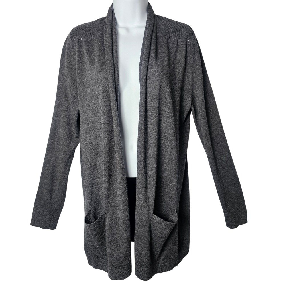 Talbots 100% Merino Wool Longline Cardigan M Gray Shawl Collar Quiet Luxury